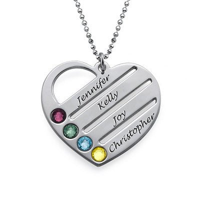 Birthstone Heart Necklace with Engraved Names - Triki Jewelry