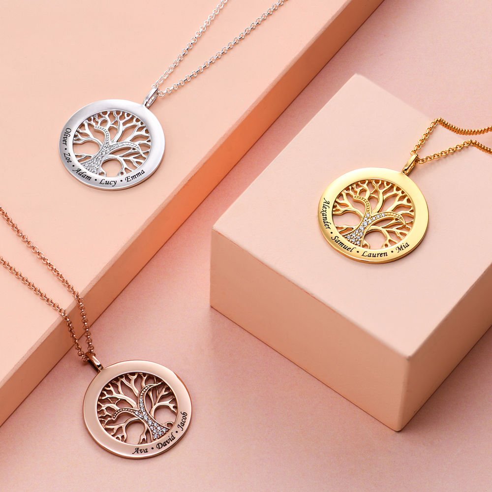 Family Tree Circle Necklace With Cubic Zirconia - Sterling Silver - Triki Jewelry