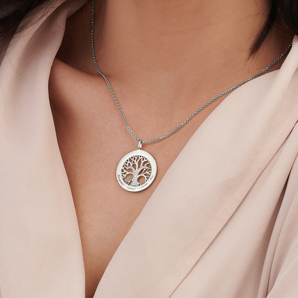 Family Tree Circle Necklace With Cubic Zirconia - Sterling Silver - Triki Jewelry