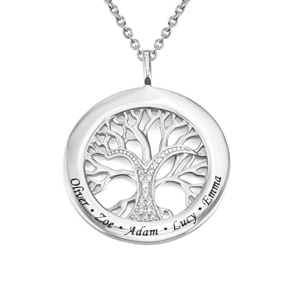 Family Tree Circle Necklace With Cubic Zirconia - Sterling Silver - Triki Jewelry