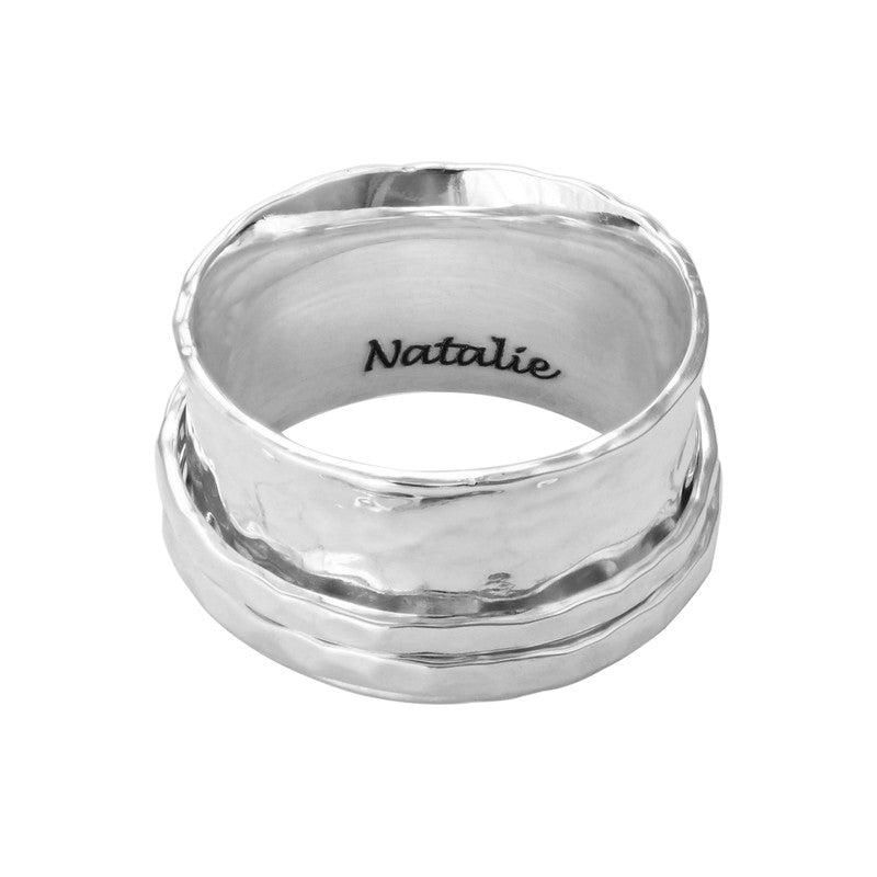 Hammered Spinner Ring With Engraving In Sterling Silver - Triki Jewelry