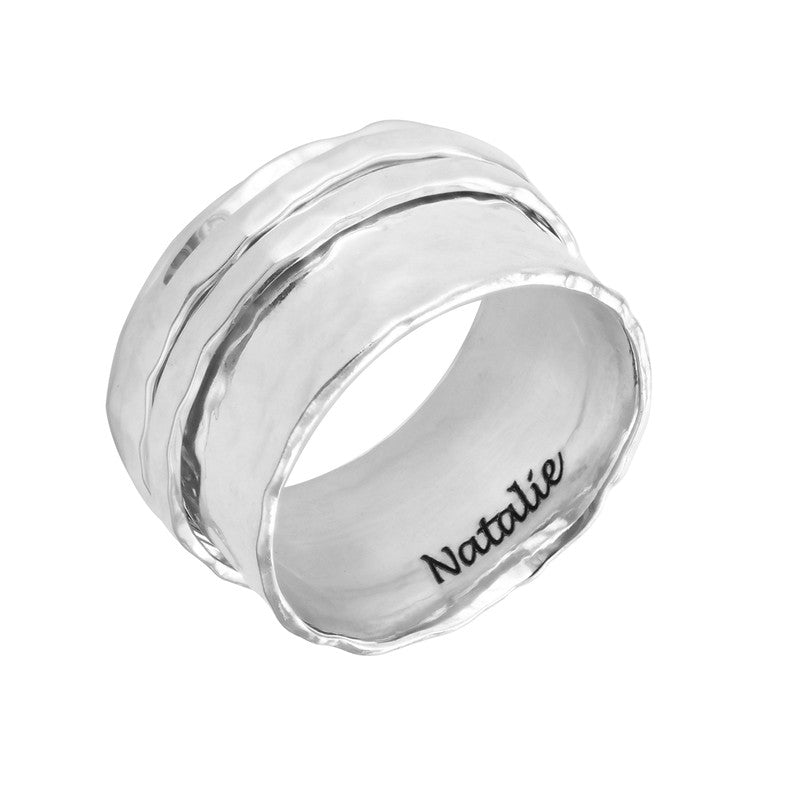 Hammered Spinner Ring With Engraving In Sterling Silver - Triki Jewelry