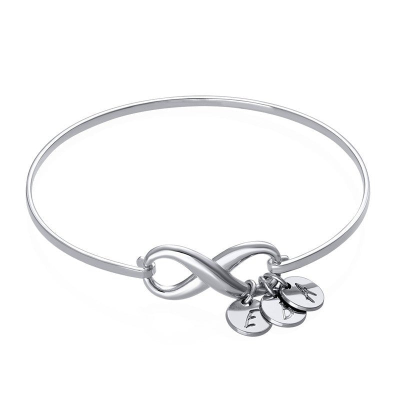 Infinity Bangle Bracelet with Initial Charms in Silver - Triki Jewelry