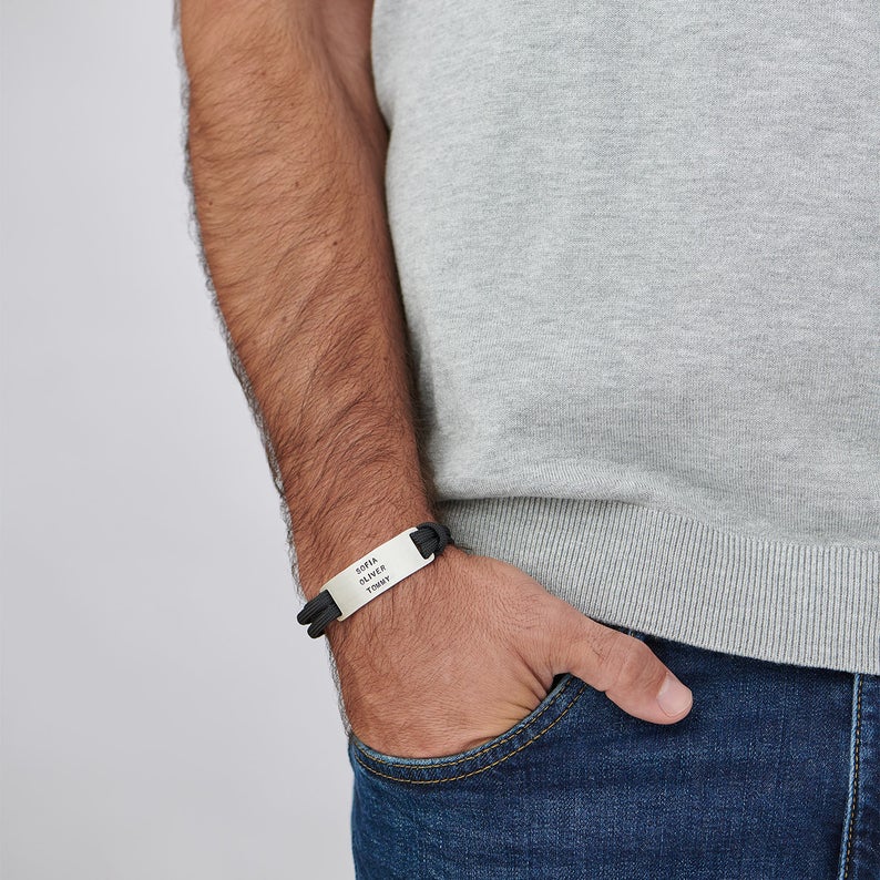 Men's Rope Bracelet With Engravable Bar - Triki Jewelry