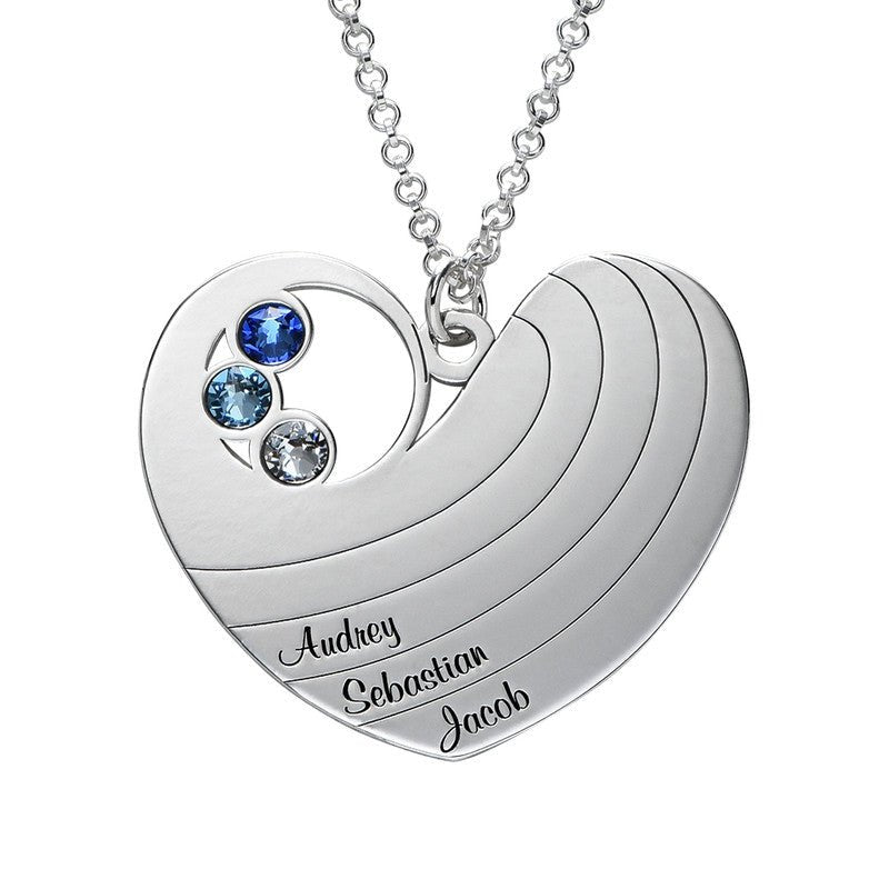 Mom Engraved Heart Shaped Silver Necklace With Birthstones - Triki Jewelry