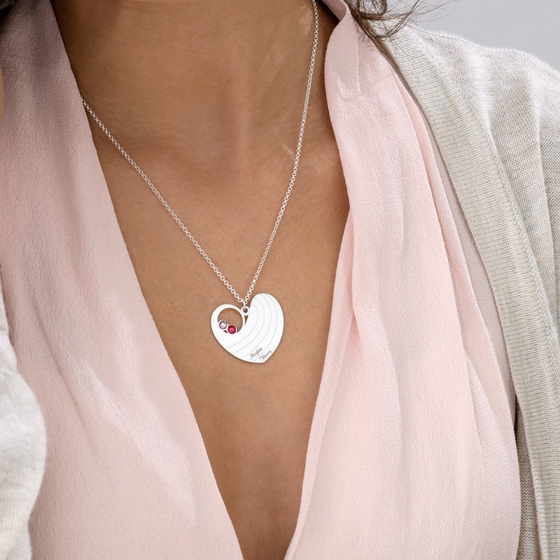 Mom Engraved Heart Shaped Silver Necklace With Birthstones - Triki Jewelry