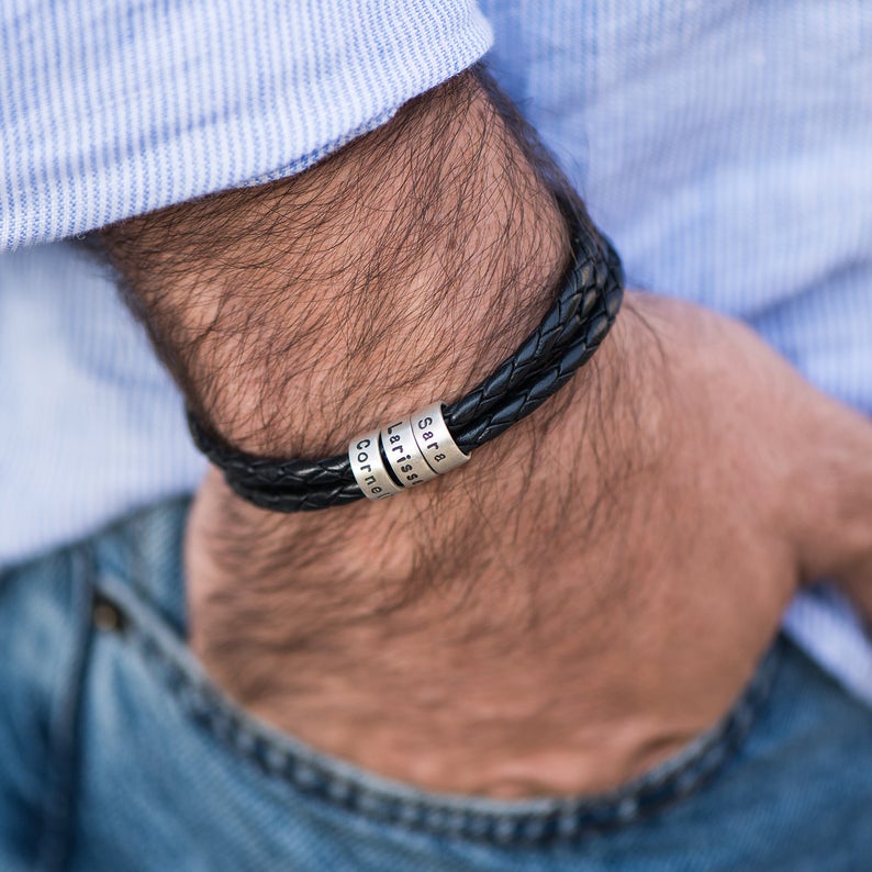 Personalized Man Bracelet with Beads in Silver - Triki Jewelry