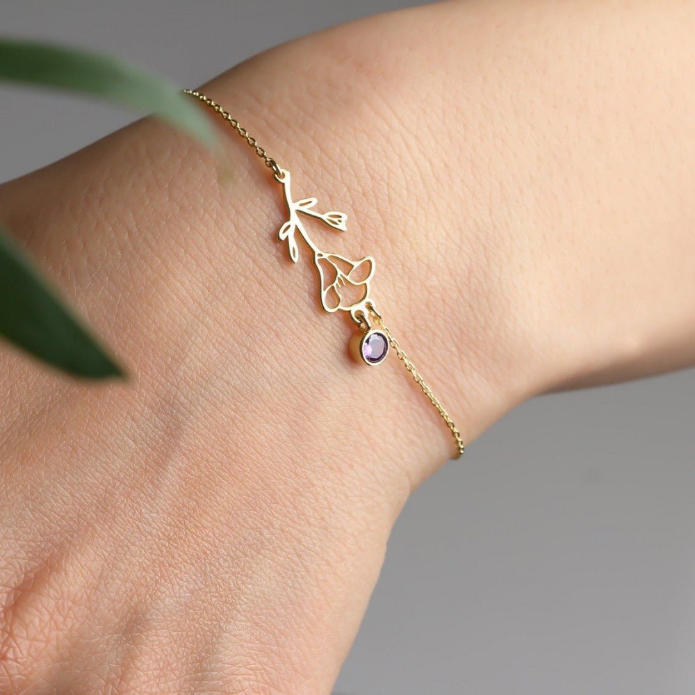 Silver Personalized Birth Flower and Birthstone Bracelet - Triki Jewelry