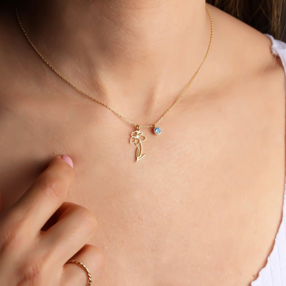 Silver Personalized Birth Flower and Birthstone Necklace - Triki Jewelry
