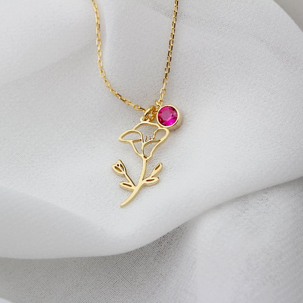 Silver Personalized Birth Flower and Birthstone Necklace - Triki Jewelry